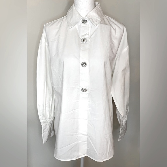 NWT OAT New York White 100% Cotton Long Sleeve Shirt Women Medium Rhinestone - Picture 2 of 9